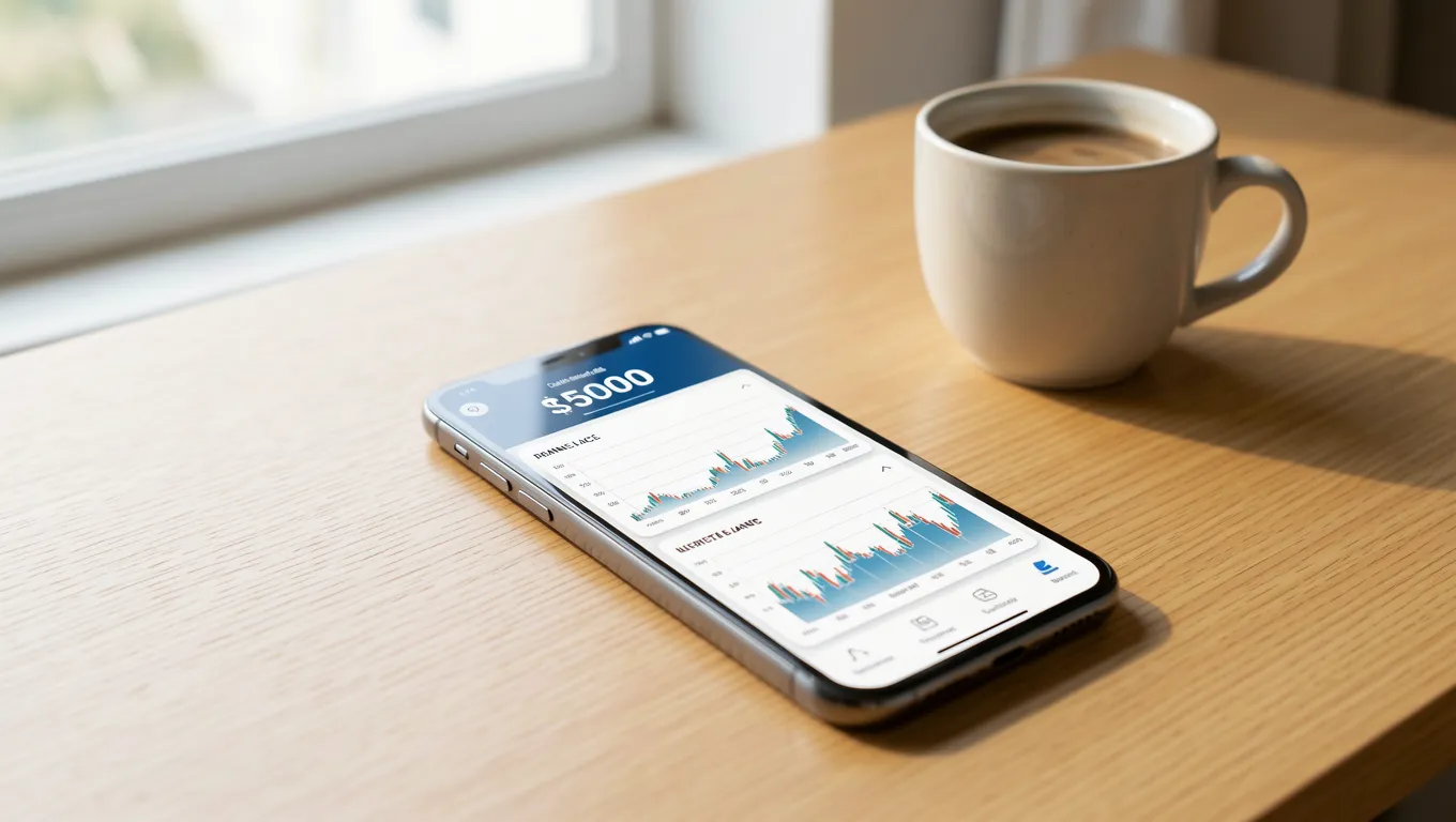 Smartphone showing a $5000 personal loans online dashboard in a bright home office setting.