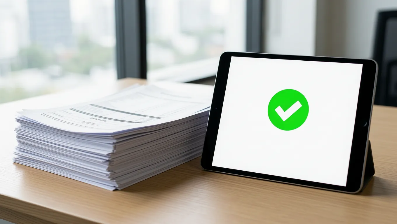 Financial documents and a tablet displaying successful verification