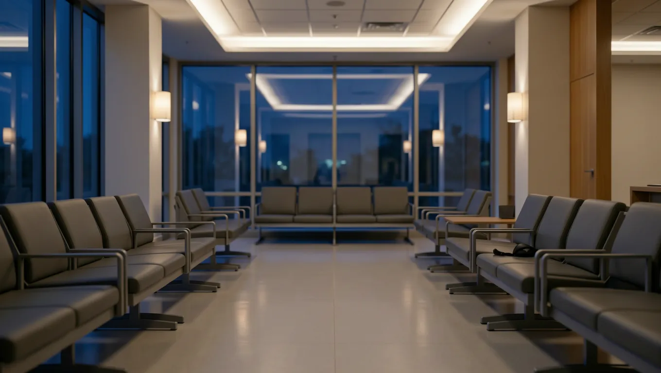 Empty hospital waiting room with soft lighting during a medical emergency