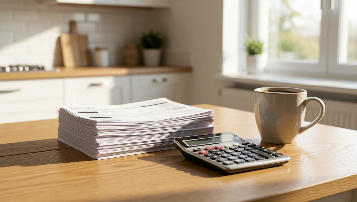 Organized medical bills and a calculator on a sunlit kitchen table