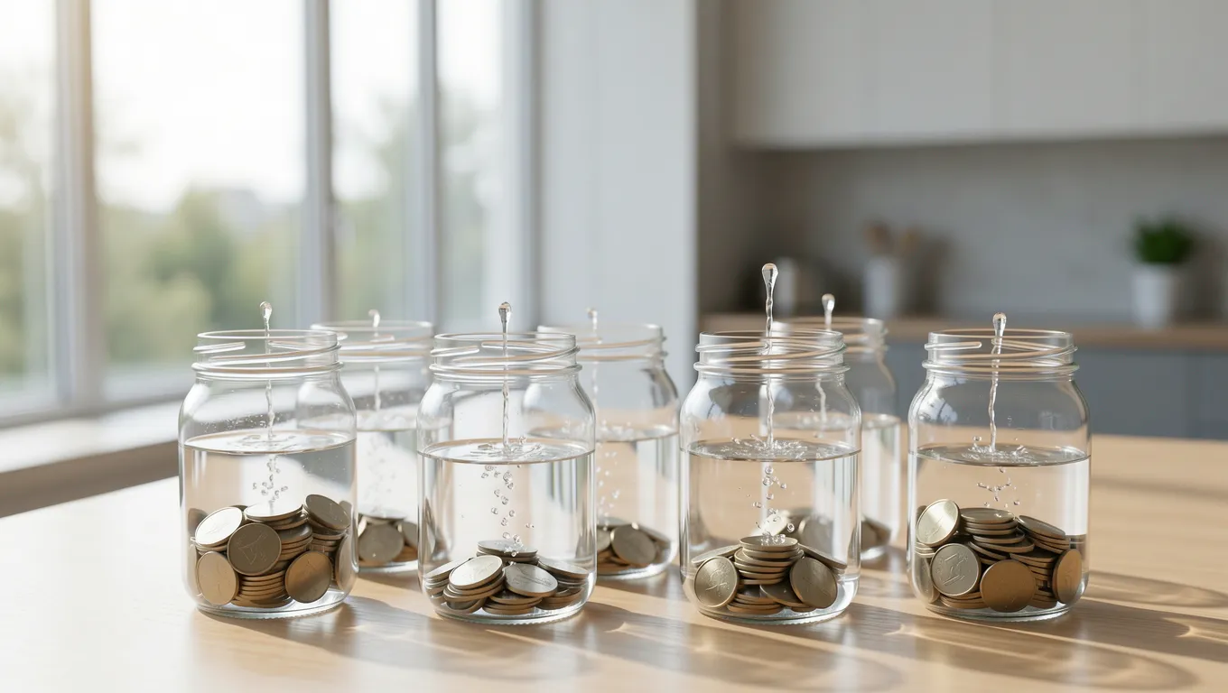 Conceptual image of small savings flowing into large jars