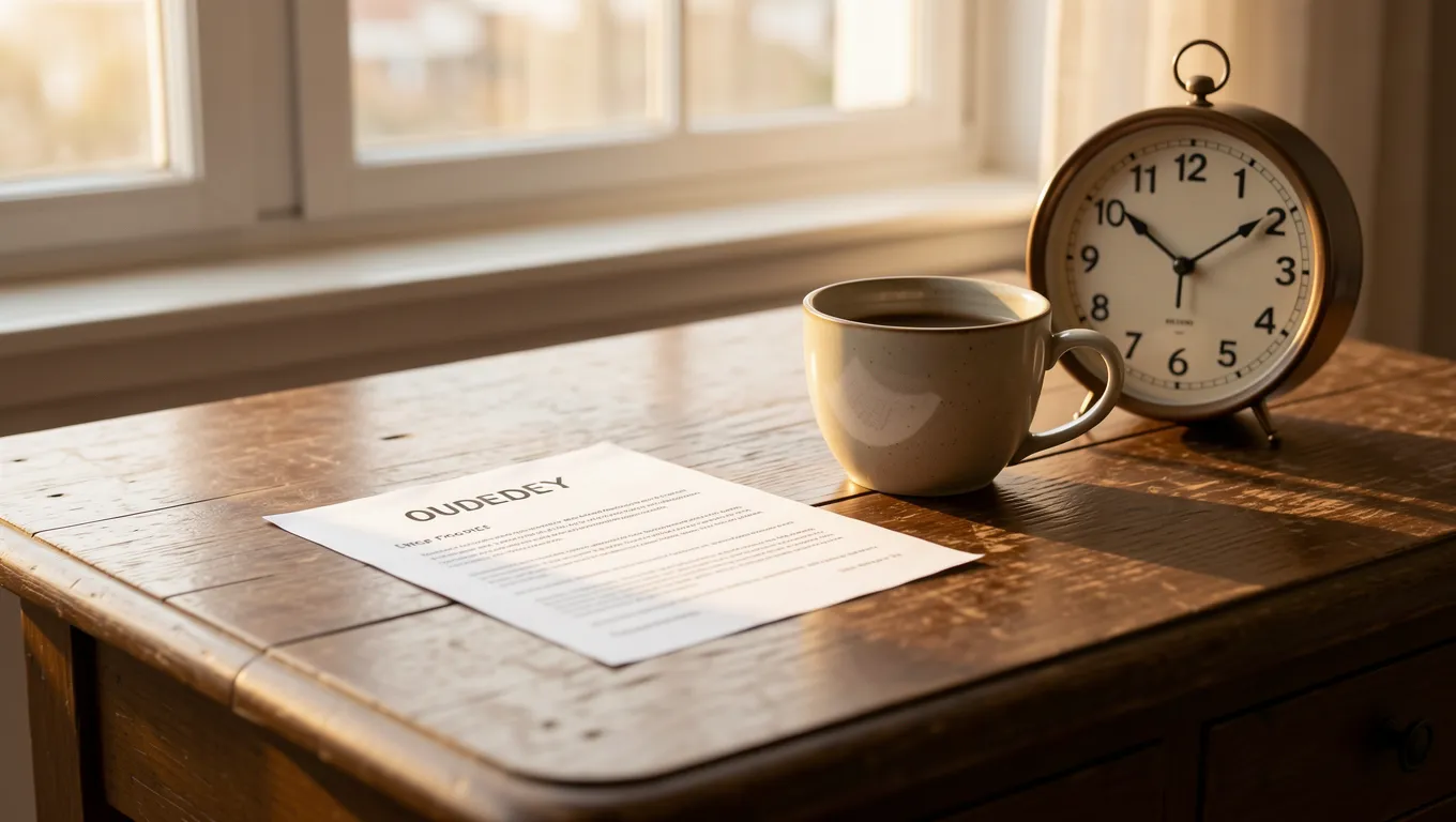 An overdue notice on a wooden desk near a coffee cup