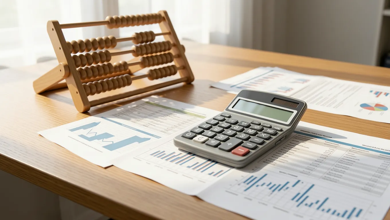 Close up of a calculator and financial papers on desk