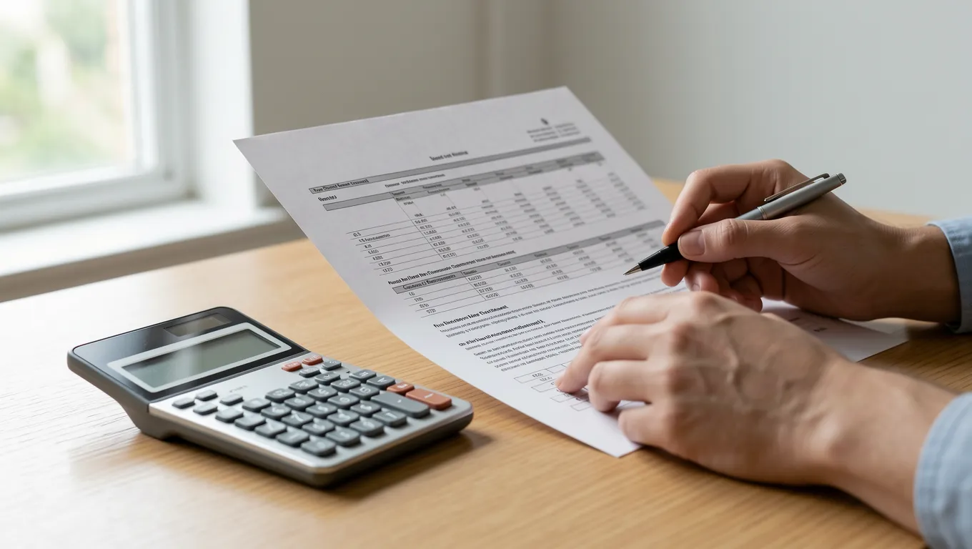 Hands reviewing a loan contract and using a calculator on a desk