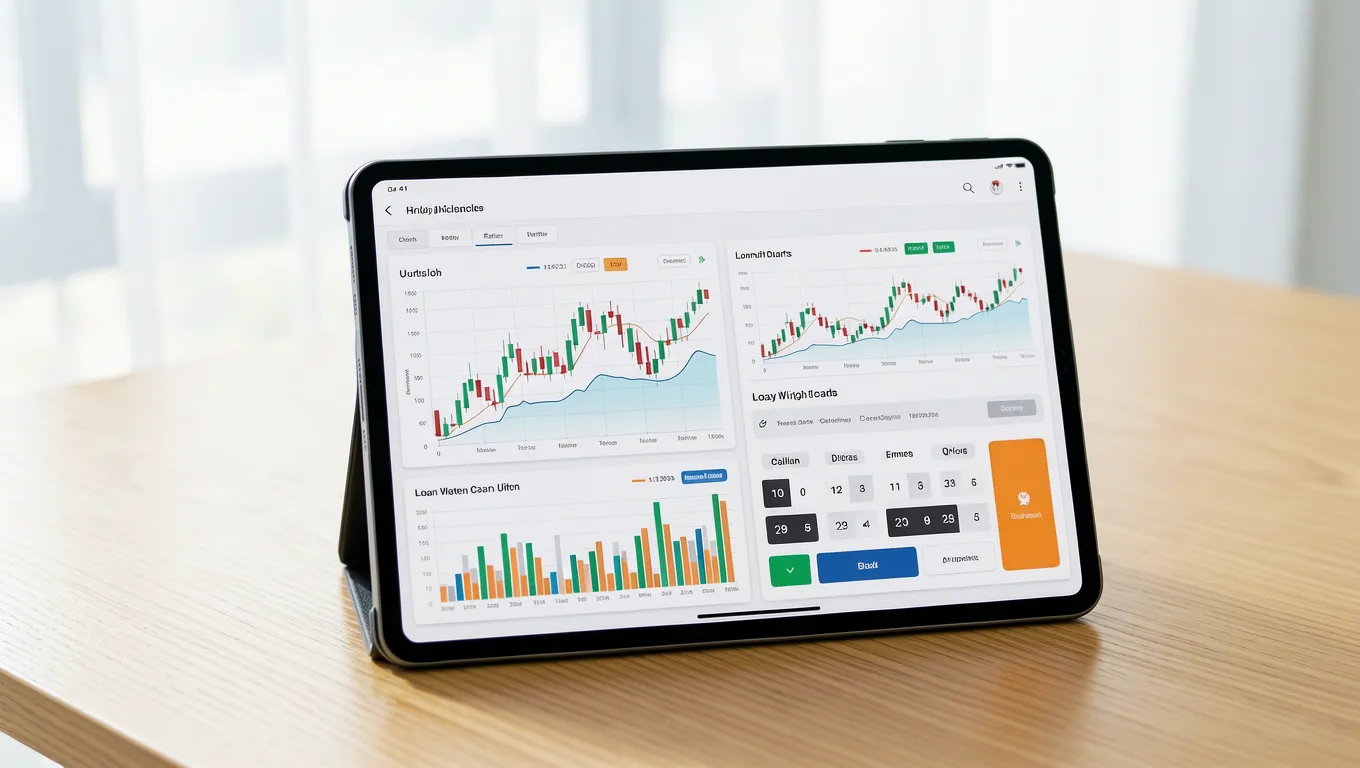 Digital tablet showing a personal loan calculator with interest rate graphs