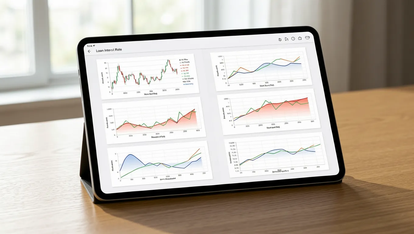 Digital tablet displaying a personal loan comparison dashboard with interest rate charts.