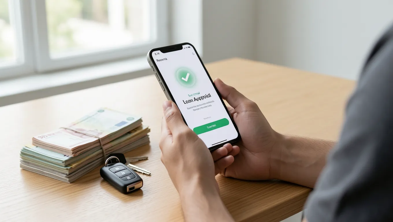 A person checking their phone for personal loans up to $5000 in a home office.